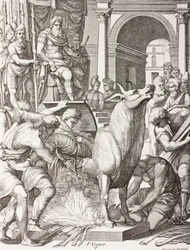 Phalaris condemning the sculptor Perillus to die in the bronze bull, to be roasted alive and his cries will represent the bellowing of the bull, after a 16th century work, from 